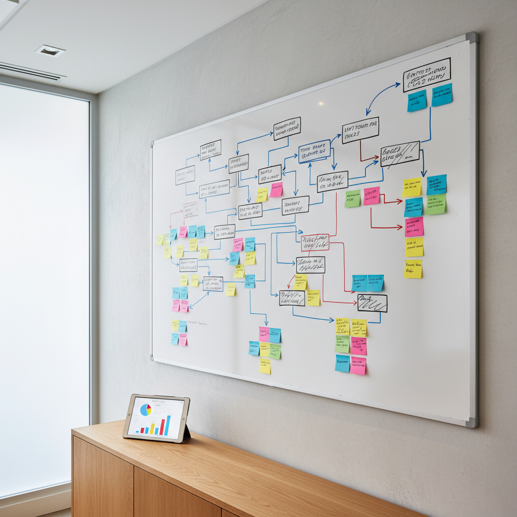 A clean whiteboard mounted on a light grey wall in a small business meeting room is filled with neatly drawn flowcharts and color-coded sticky notes representing stages of an employee relations process, all without readable text. A tablet lies on a nearby oak sideboard, screen glowing softly with blurred charts. Overhead, warm recessed lighting and soft daylight from a nearby frosted window combine to create an even, welcoming illumination. The scene is captured from a slightly angled, mid-distance perspective, using shallow depth of field to keep the central whiteboard crisp while the edges gently blur. The mood is organized, constructive, and solution-focused, emphasizing practical HR consultancy and structured problem-solving in a realistic, modern photographic style.