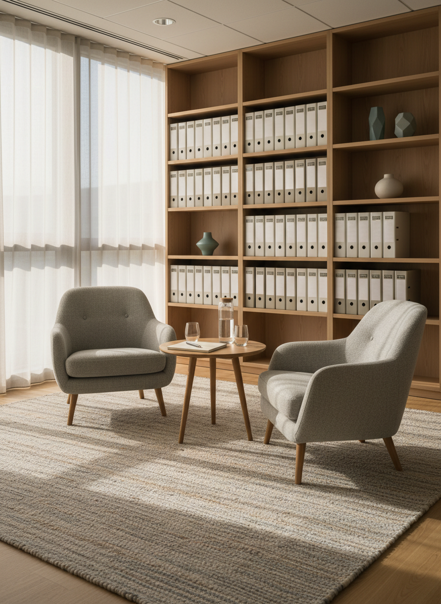 A minimalist coaching setup in a quiet office corner consists of two comfortable, fabric-covered armchairs angled toward each other around a small round table holding a closed notebook, a pen, and a simple glass carafe with two empty tumblers. A neutral-toned rug anchors the space, and a tall bookcase in the background contains neatly arranged, unlabelled binders and a few abstract decor pieces. Late-afternoon natural light filters through sheer curtains, casting a soft, warm glow and gentle shadows that emphasize the texture of the fabrics. Captured at eye level with a moderate depth of field, the composition feels open and non-intimidating, reflecting supportive HR coaching and manager development in an authentic, approachable photographic style.