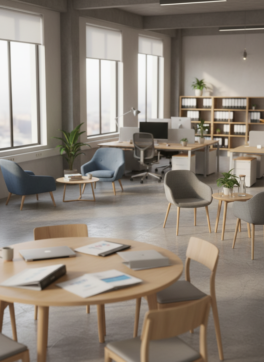 An open-plan SME workspace features several distinct collaboration zones: a round table with scattered, anonymous case files and a closed laptop, a soft seating corner with a small stack of mediation guidelines, and a quiet nook with a pair of opposing chairs separated by a simple wooden side table holding a small plant and a glass water jug. No people are present, but chairs are slightly askew, suggesting recent use. Soft afternoon light enters through large windows, creating long, gentle shadows and a calm warmth. Captured from a slightly elevated wide angle, the photograph shows clear depth from foreground to background, evoking an inclusive, practical environment where HR consultants support everyday employee relations in a relatable, realistic style.